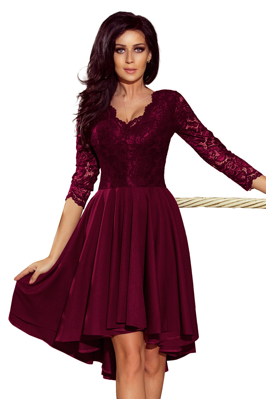 Numoco 210-13 NICOLLE - dress with longer back with lace neckline - plum